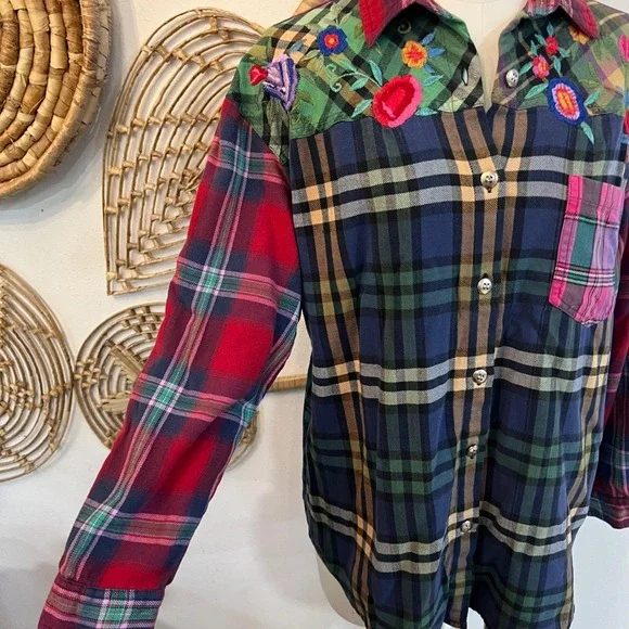 Vintage Patchwork Plaid Embroidered Shirt Cotton Button Up L Boho Western - Picture 6 of 8